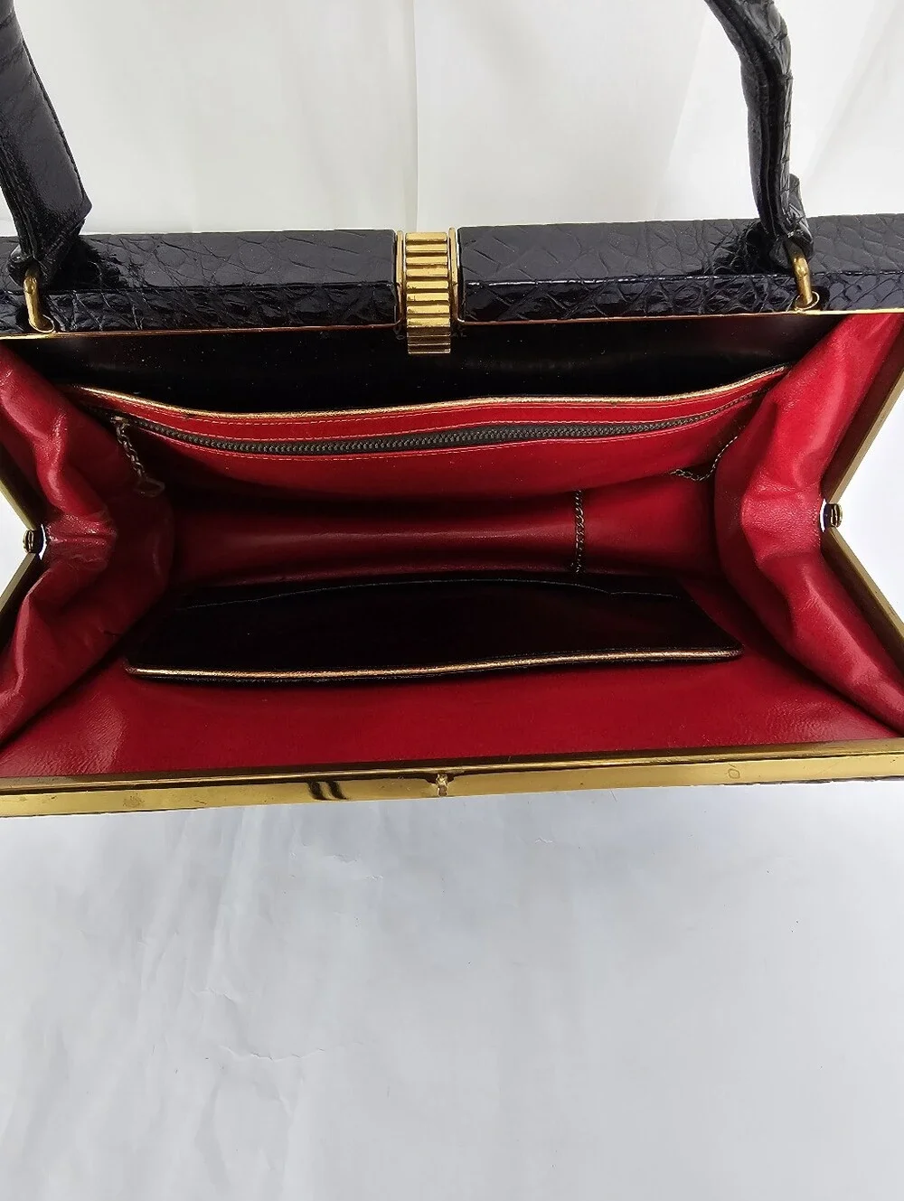 Vintage Rendl New York 1960s Original Black Alligator Top Handle Frame Bag